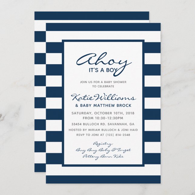Invitación Elegante Ancla Náutica Azul Blanco Anchor Boy Baby (Anverso / Reverso)
