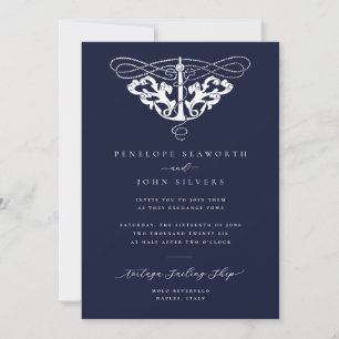 Invitación Elegante Ancla Náutica Boda Azul Marino