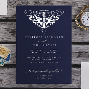 Invitación Elegante Ancla Náutica Boda Azul Marino