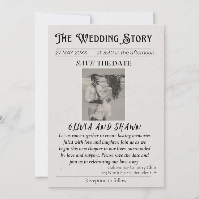 Invitación Elegante añejo "La historia del Boda" salva la fec (Anverso)