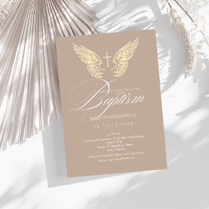 Invitación Elegante Ángel de Oro Alas Typografía Baptismo