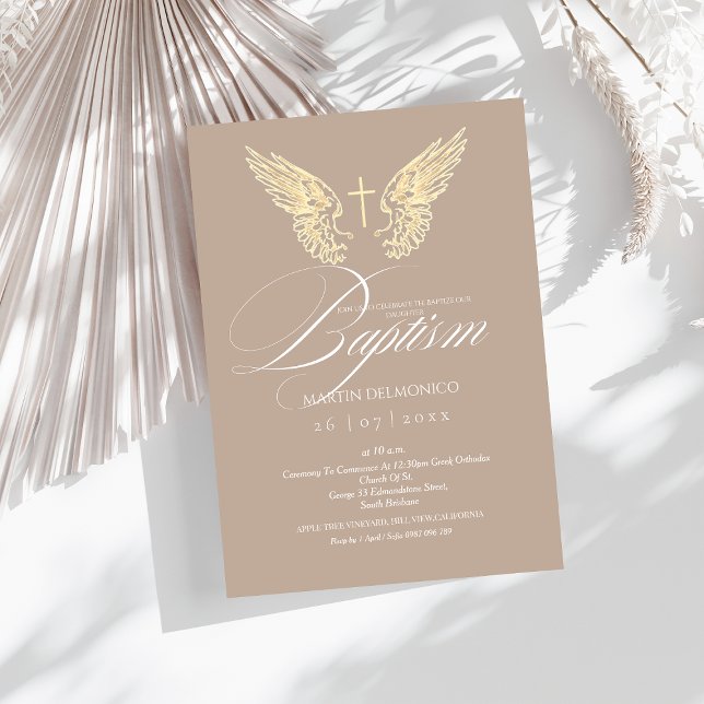 Invitación Elegante Ángel de Oro Alas Typografía Baptismo (Subido por el creador)