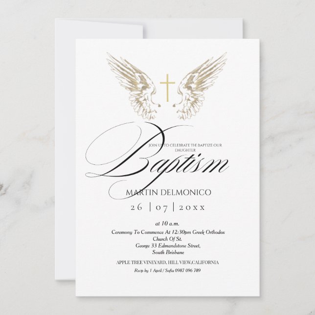Invitación Elegante Ángel de Oro Alas Typografía Baptismo (Anverso)
