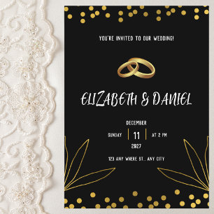 Invitación Elegante anillo Boda negro y dorado