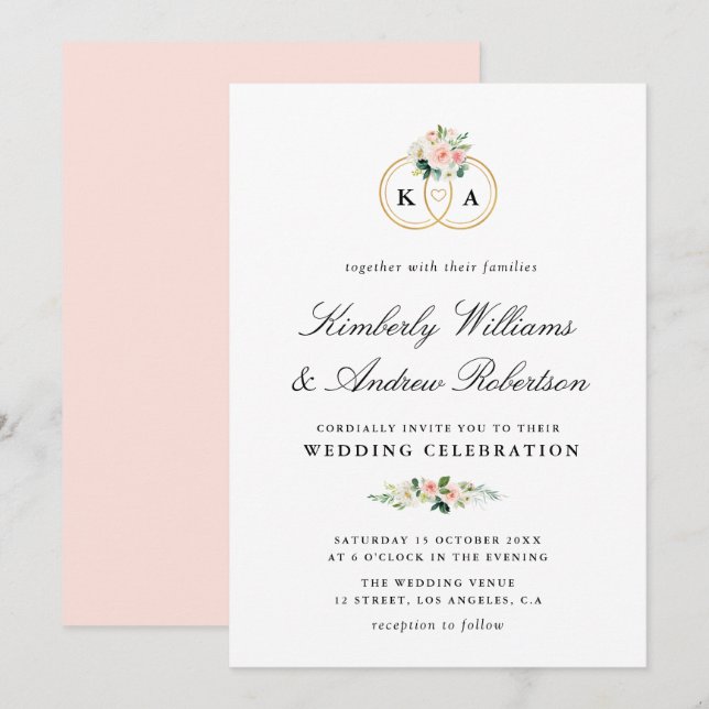 Invitación Elegante anillo dorado rosa rosado boda floral (Anverso / Reverso)