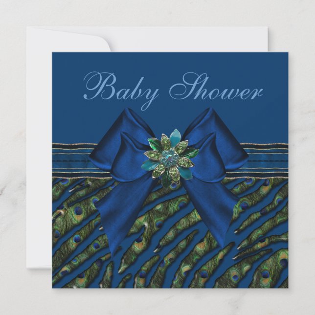 Invitación Elegante Animal Blue Peacock Imprimir Baby Shower (Anverso)