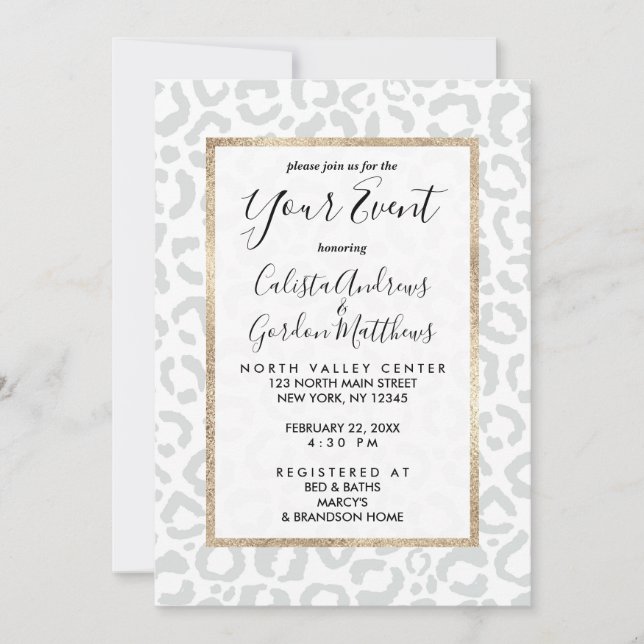 Invitación Elegante animal de leopardo gris blanco (Anverso)