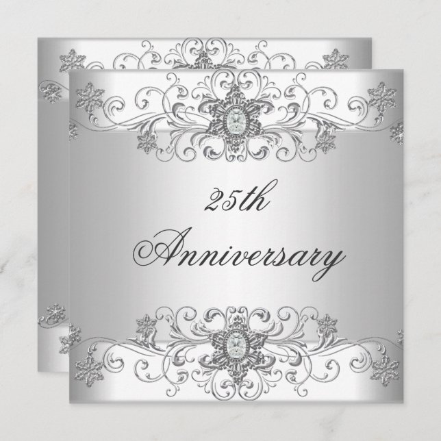 Invitación Elegante Aniversario 25 años Plata Diamante Blanco (Anverso / Reverso)