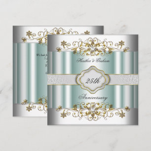 Invitación Elegante Aniversario 25 Azul Verde Plateado Mint