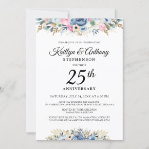 Invitación Elegante aniversario acuarela Floral Azul Oro