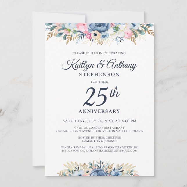 Invitación Elegante aniversario acuarela Floral Azul Oro (Anverso)