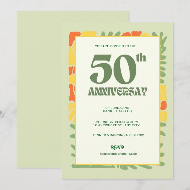 Invitación Elegante Aniversario Amarillo y Verde Moderno 50 (Anverso / Reverso)