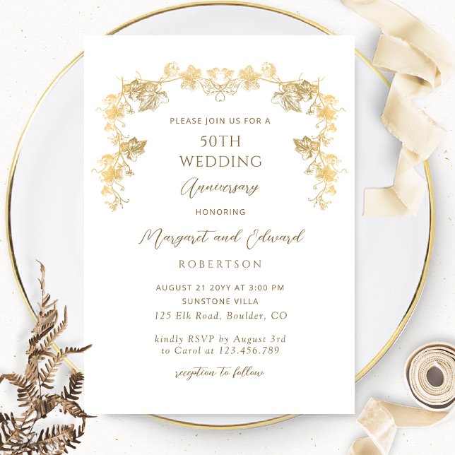 Invitación Elegante aniversario blanco y oro 50 Boda (Subido por el creador)