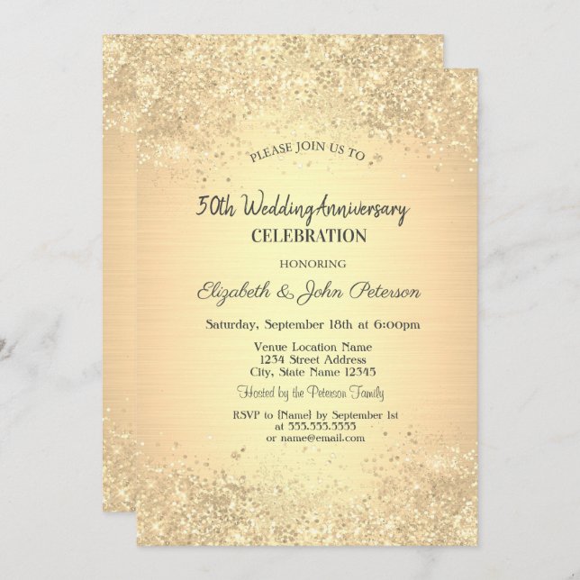 Invitación Elegante aniversario Boda de Confetti de Oro (Anverso / Reverso)