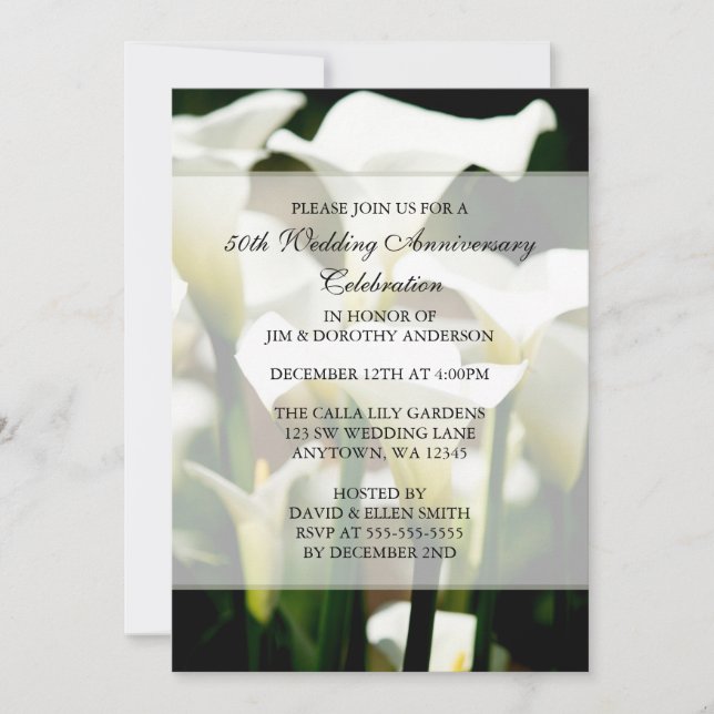 Invitación Elegante aniversario Boda de Lirio Blanco Calla 50 (Anverso)