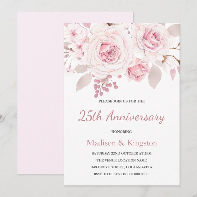 Invitación Elegante aniversario Boda de Rubor Roses Rosados (Anverso / Reverso)