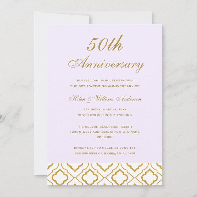 Invitación Elegante Aniversario Boda del Oro y el Morado 50 (Anverso)