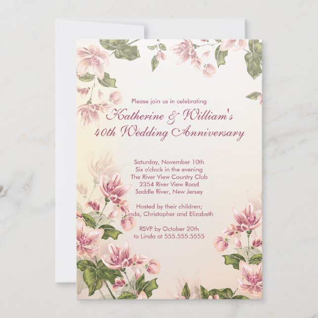 Invitación Elegante Aniversario Boda Floral de Flores Rosa (Anverso)