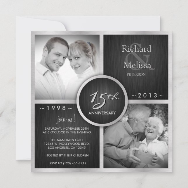 Invitación Elegante Aniversario Boda Negro y Plata 15° (Anverso)
