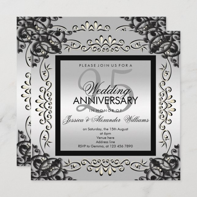 Invitación Elegante aniversario Boda Plata y Negro 25 (Anverso / Reverso)