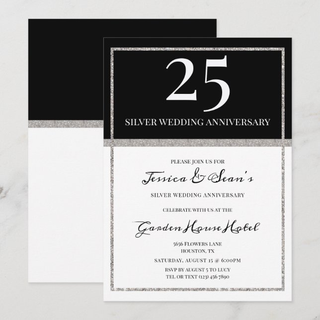 Invitación Elegante aniversario Boda Plata y Negro 25 (Anverso / Reverso)