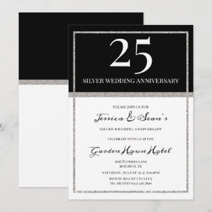 Invitación Elegante aniversario Boda Plata y Negro 25