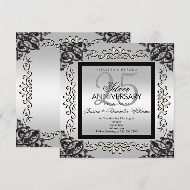Invitación Elegante aniversario Boda Plata y Negro 25 (Anverso / Reverso)