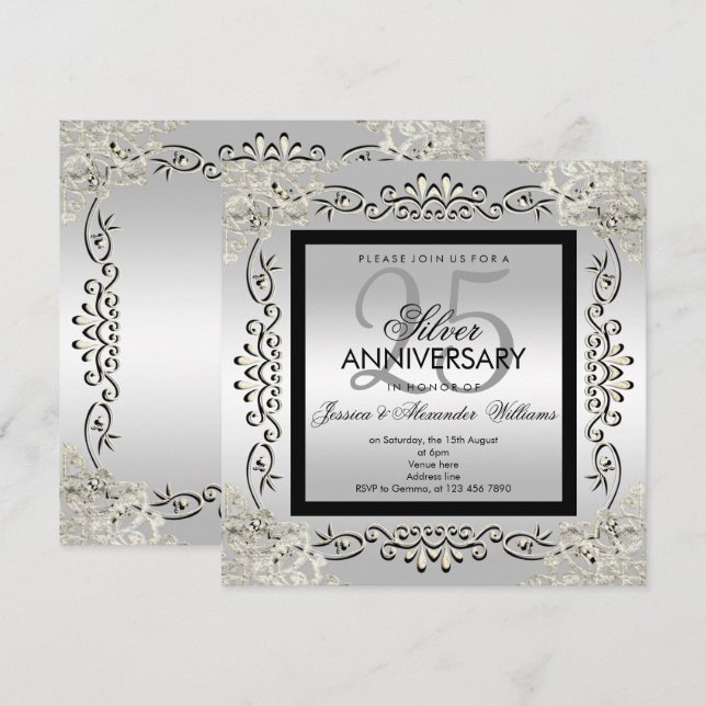 Invitación Elegante aniversario Boda Plata y Negro 25 (Anverso / Reverso)