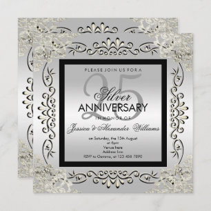Invitación Elegante aniversario Boda Plata y Negro 25
