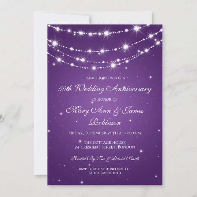 Invitación Elegante aniversario de boda Cadena brillante Púrp (Anverso)