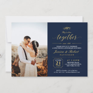 Invitación Elegante aniversario de boda con foto en dorado y 