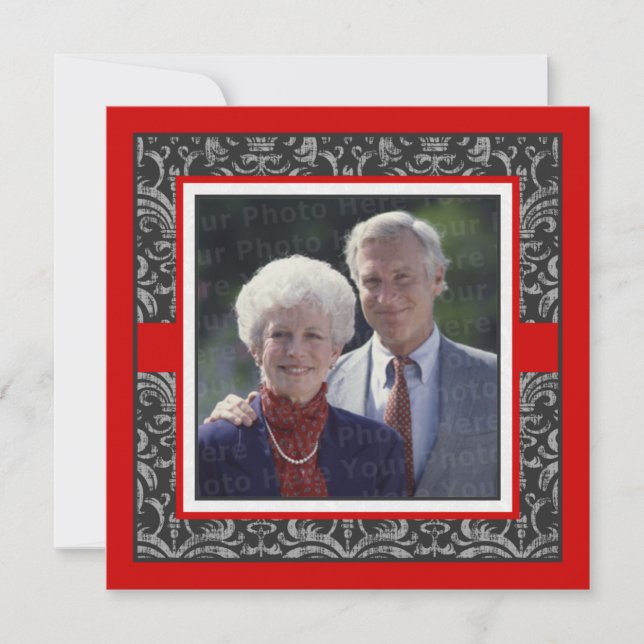 Invitación Elegante Aniversario de Boda de Damasco Rojo y Neg (Anverso)