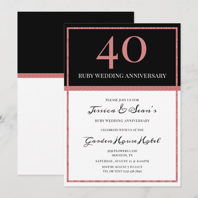 Invitación Elegante aniversario de Boda de rubí y negro (Anverso / Reverso)