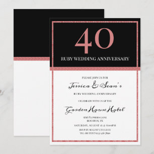 Invitación Elegante aniversario de Boda de rubí y negro
