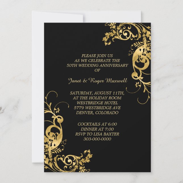 Invitación Elegante aniversario de Boda dorado Swirl (Anverso)