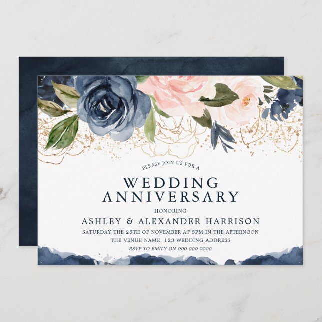 Invitación Elegante aniversario de boda floral de oro rosa Ma (Anverso / Reverso)