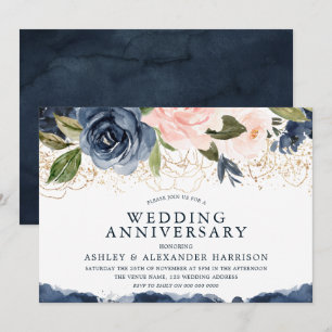 Invitación Elegante aniversario de boda floral naval dorado r