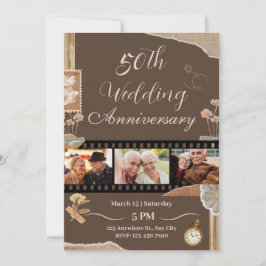 Invitación Elegante aniversario de boda floral vintage marrón