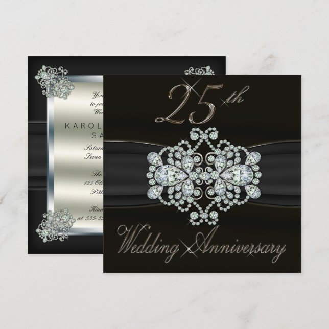 Invitación Elegante aniversario de Boda Plata 25 Diamantes (Anverso / Reverso)