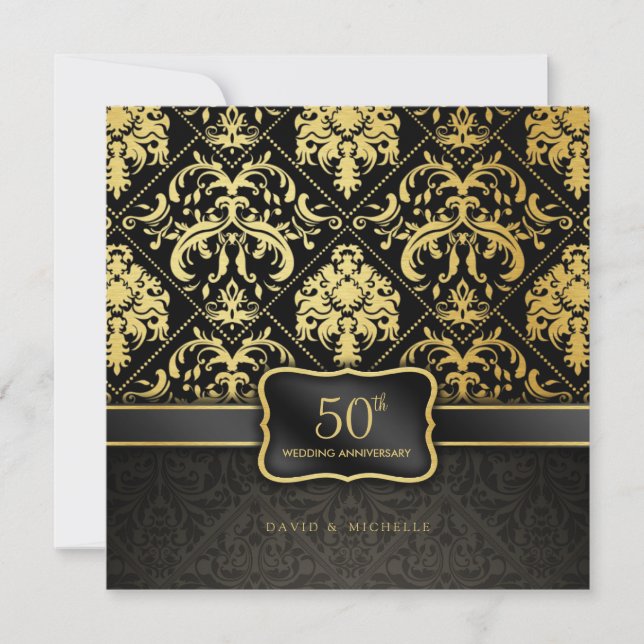 Invitación Elegante Aniversario de Bodas de 50 años en Negro  (Anverso)