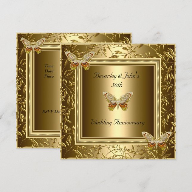 Invitación Elegante Aniversario de Bodas de Oro Mariposa Dora (Anverso / Reverso)