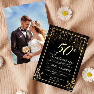 Invitación Elegante Aniversario de Bodas de Oro Negro y Dorad