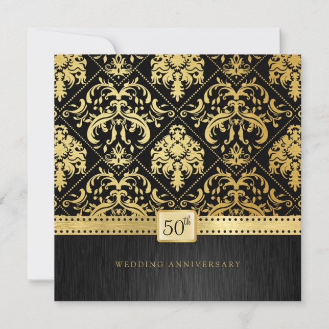 Invitación Elegante Aniversario de Bodas de Oro Negro y Dorad (Anverso)