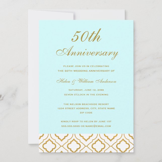 Invitación Elegante Aniversario de Bodas de Oro y Azul 50 (Anverso)