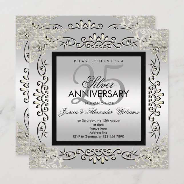 Invitación Elegante aniversario de bodas de plata y negro 25º (Anverso / Reverso)