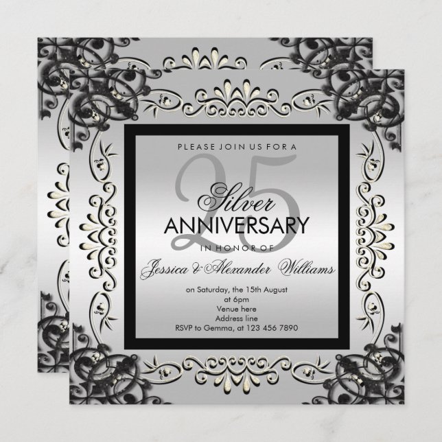 Invitación Elegante aniversario de bodas número 25 de plata y (Anverso / Reverso)