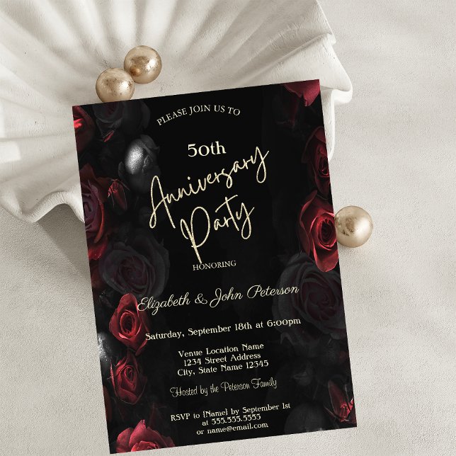 Invitación Elegante Aniversario de la Boda Negra de las Rosas (Subido por el creador)