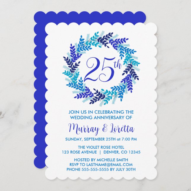 Invitación Elegante aniversario de la corona azul 25° Boda (Anverso / Reverso)