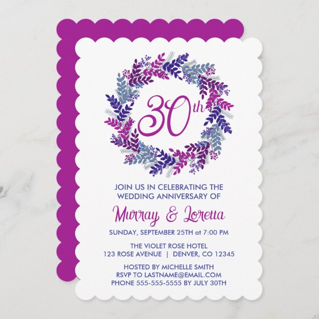 Invitación Elegante aniversario de la corona rosa 30° anivers (Anverso / Reverso)