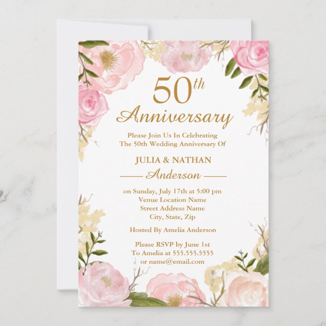 Invitación Elegante Aniversario de la Flora Rosa 50° Boda (Anverso)